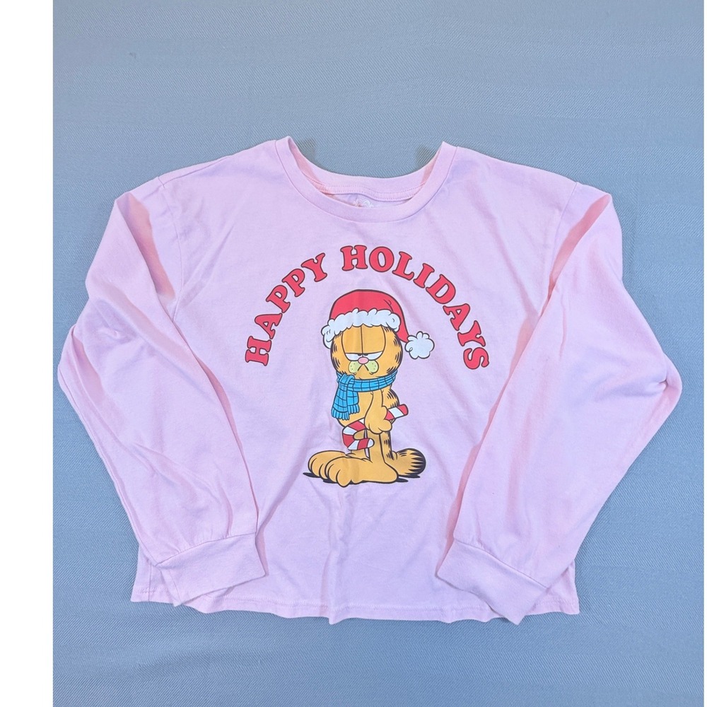 Garfield Happy Holidays Pink Long Sleeve Graphic Tee Girls Large 10/12 2096